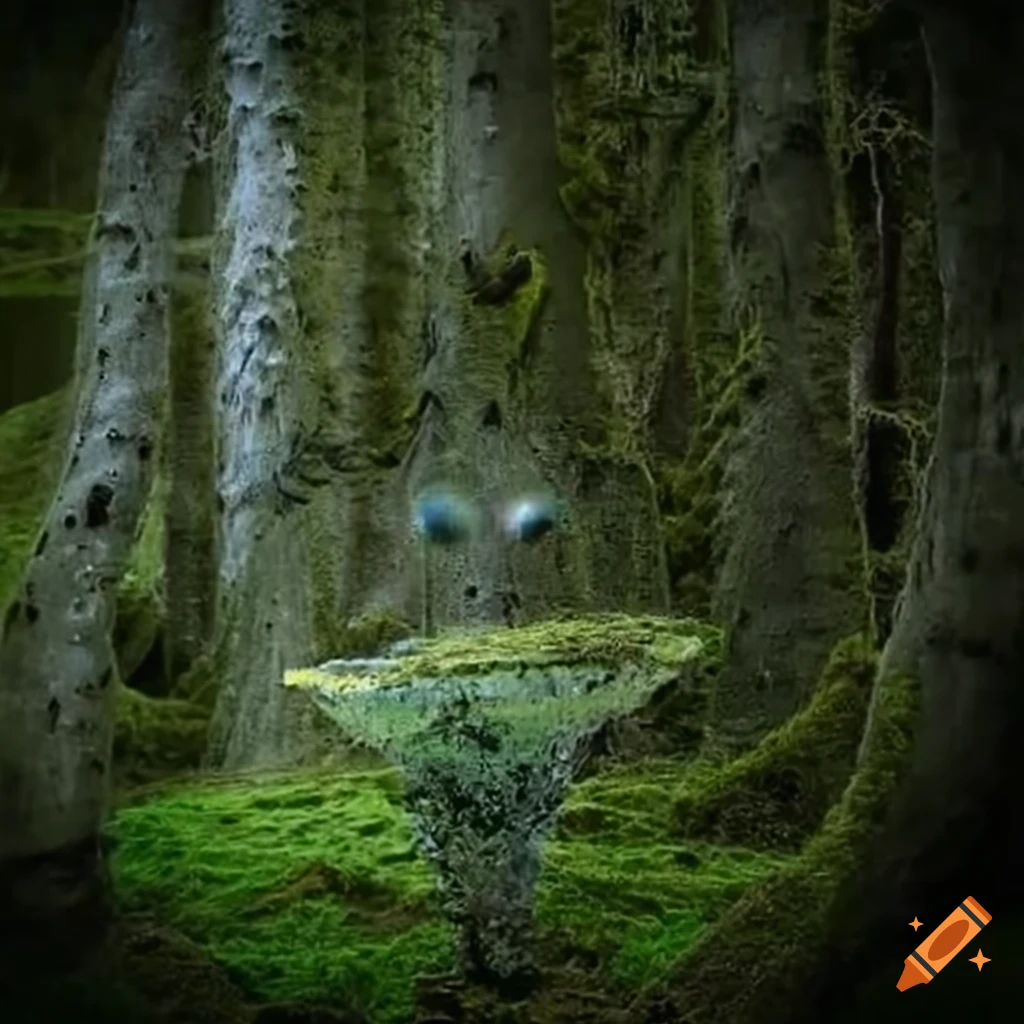Aliens made of lichen and moss flying through space in an organic UFO