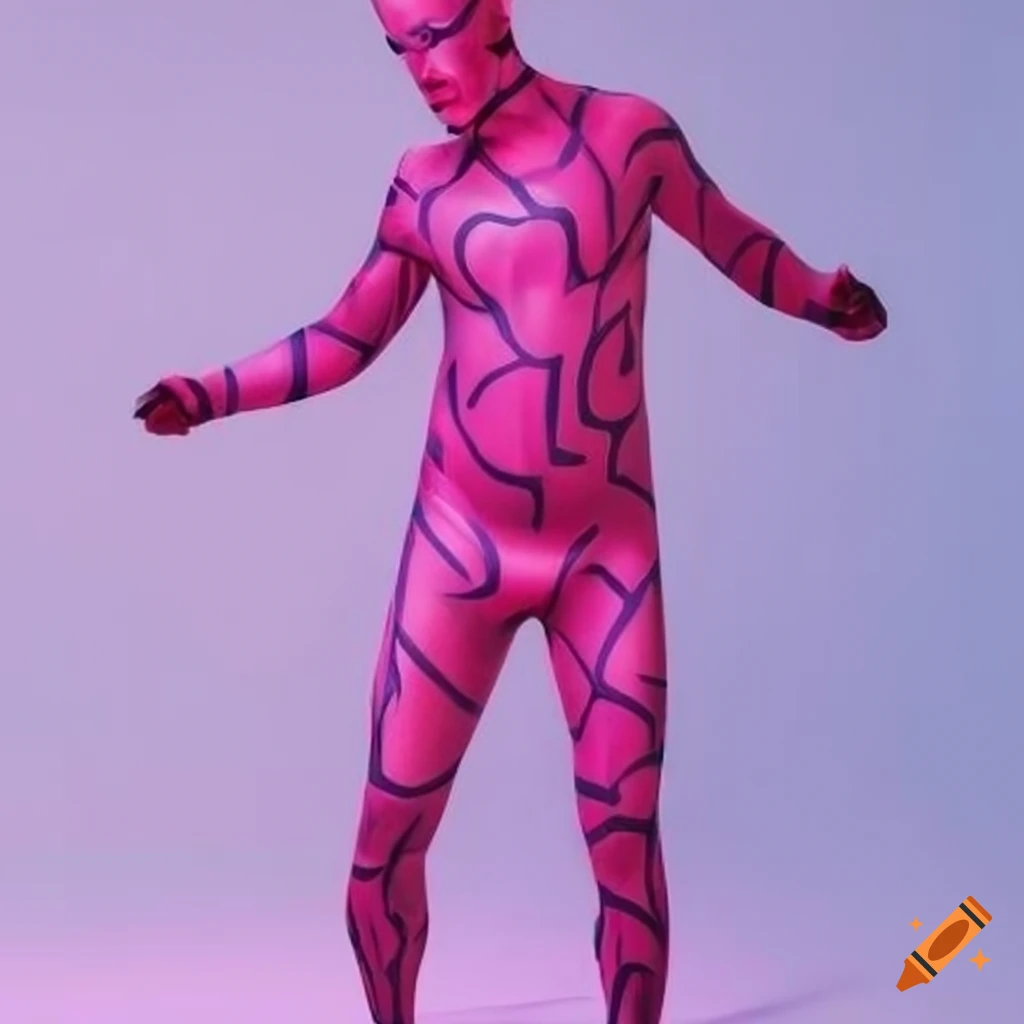Man wearing a maze patterned pink full body spandex costume on Craiyon