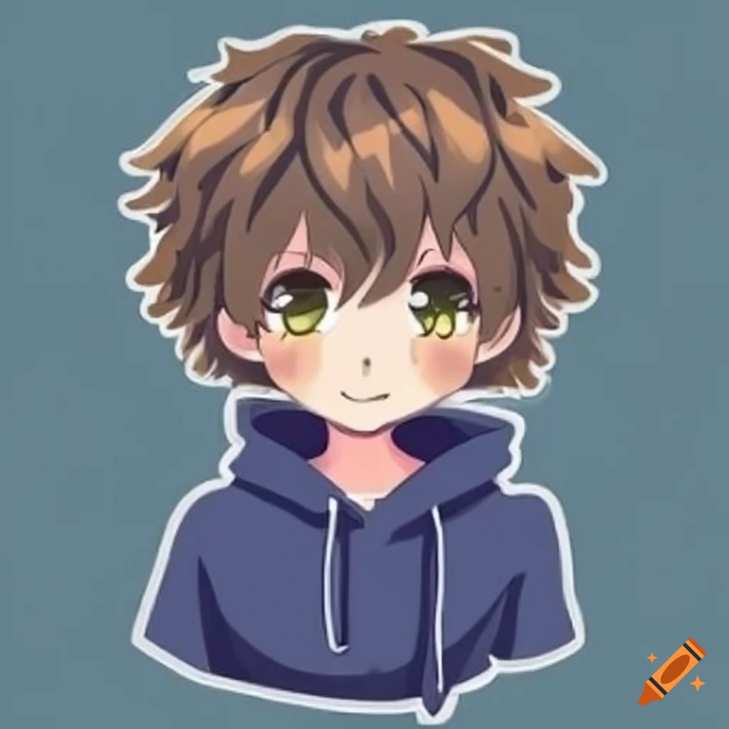 Cute anime boy with wavy brown hair in a navy hoodie on Craiyon