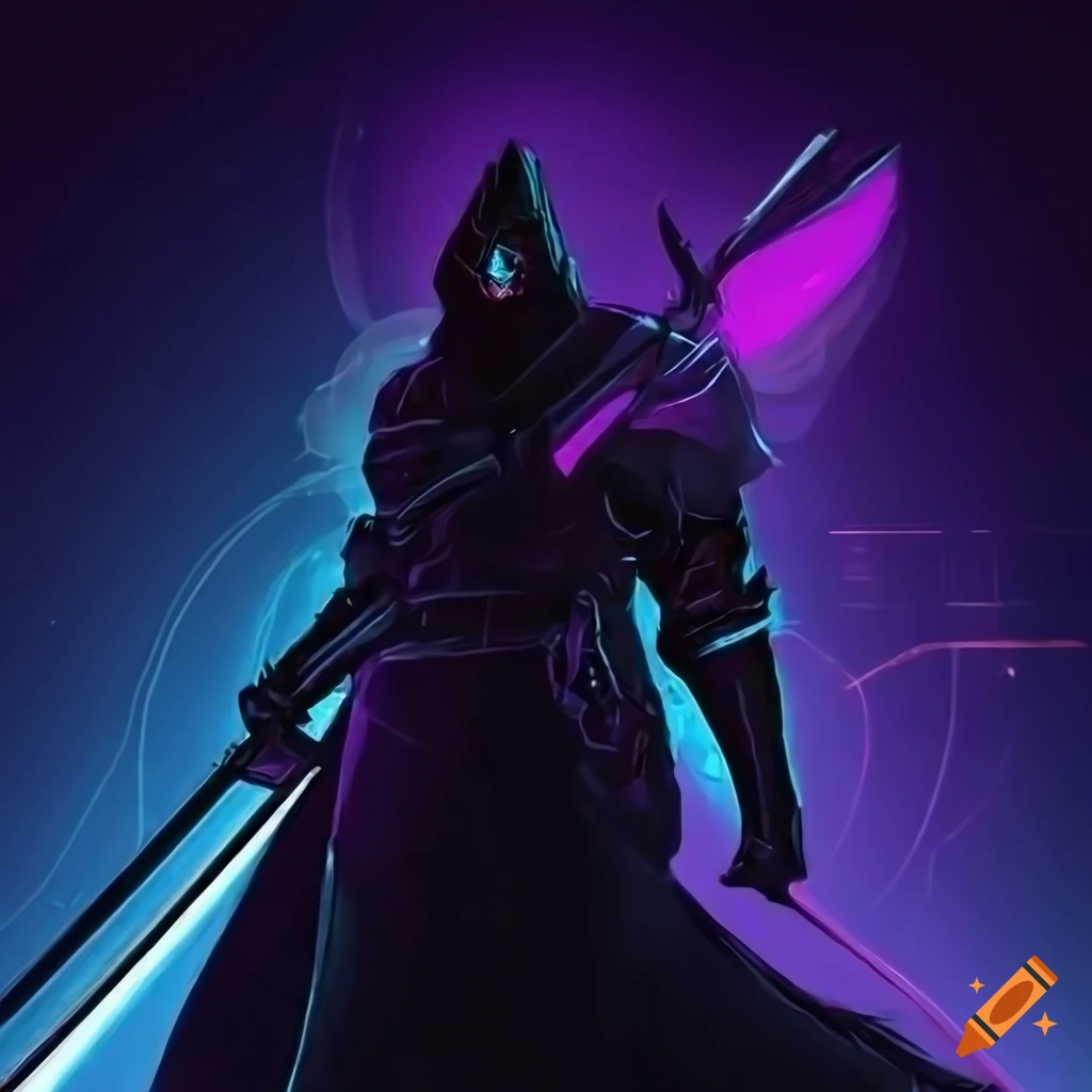 Knight with scythe in retrowave synthwave cyberpunk style