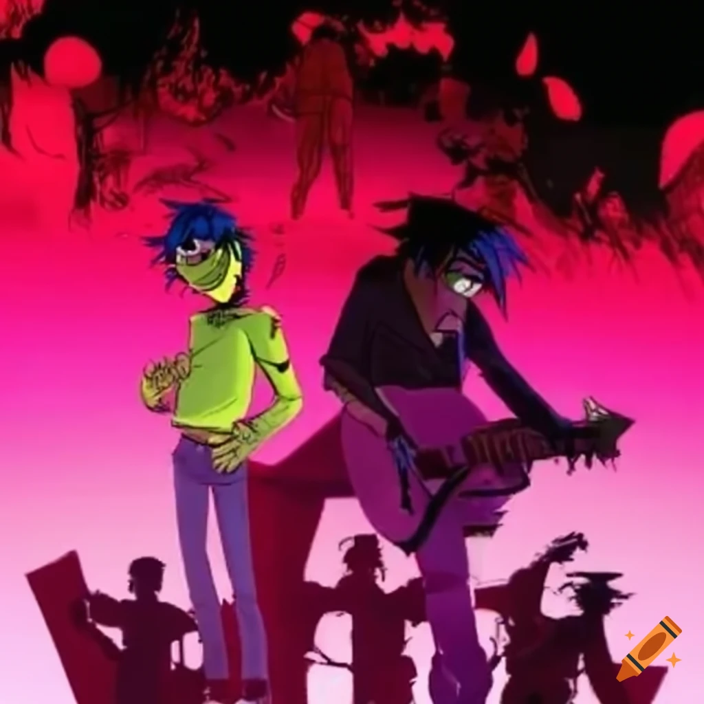 Gorillaz cartoon music band with members murdoc, 2d, noodles, and