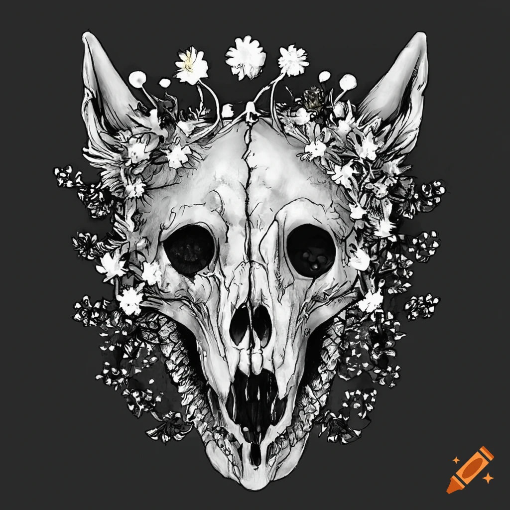 Wolf skull with daisy chain crown drawing