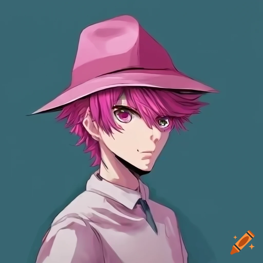 Pink anime guy gamer with a pink fedora