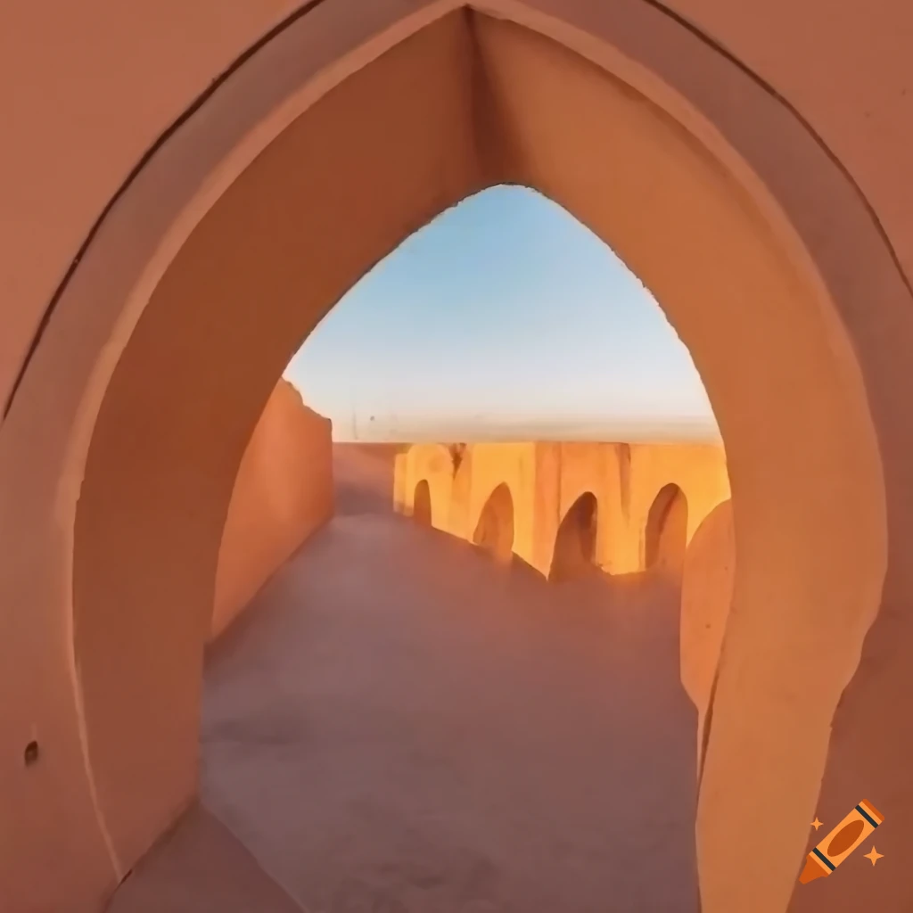 Mixture of Moroccan architecture, colonial buildings, and modern skyscrapers with sandstone walls and intricate mosaics