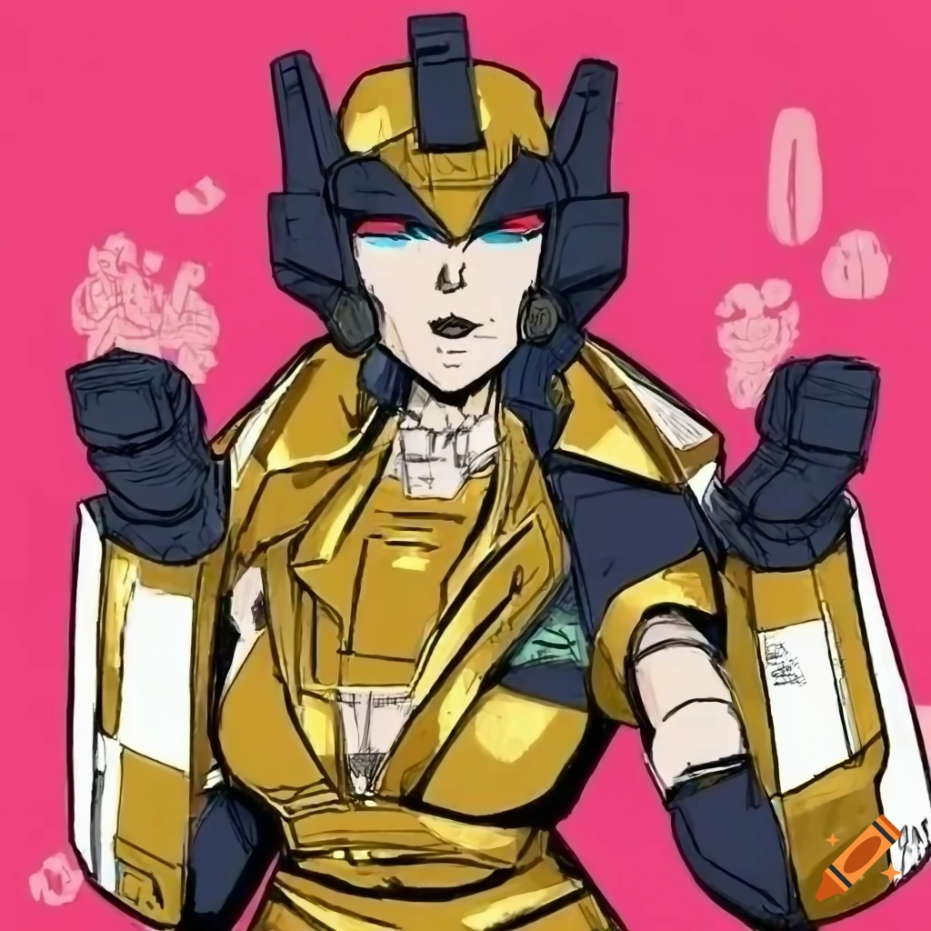 Female idw transformers comic oc with gold and white color scheme on