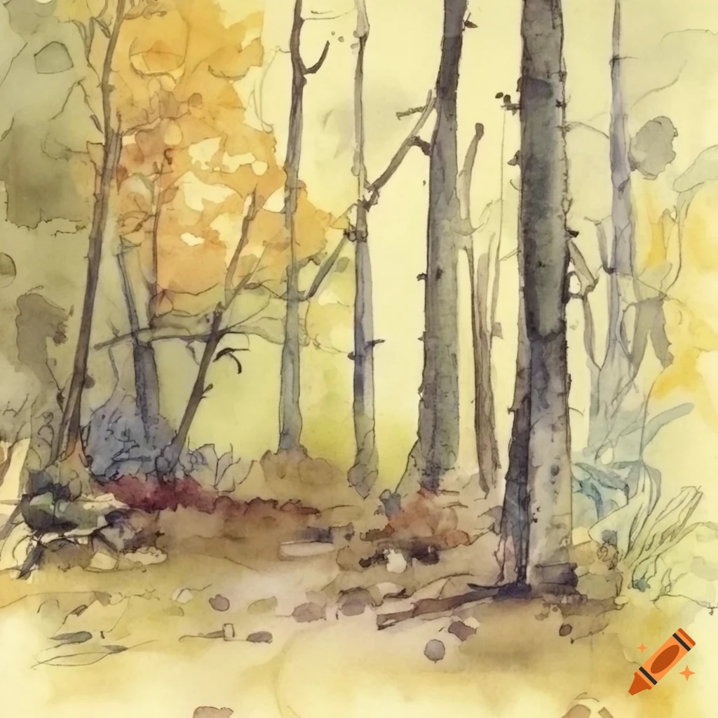 Forest floor watercolor and ink sketch in Carl Larsson style