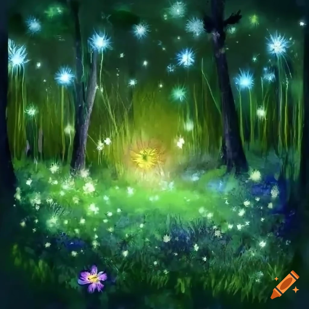 Mysterious flowerfield in a magical forest with glowing blossoms on Craiyon