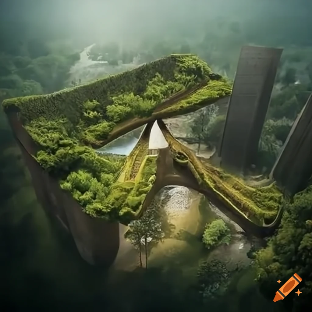 Walkable eco brutalist self-sustainable city with lush foliage