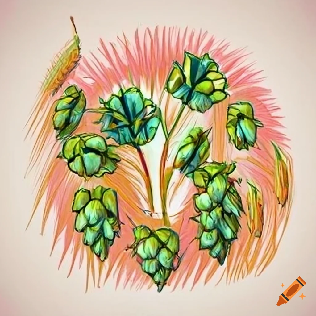 Whimsical cartoon logo with barley and hops flowers on a white background