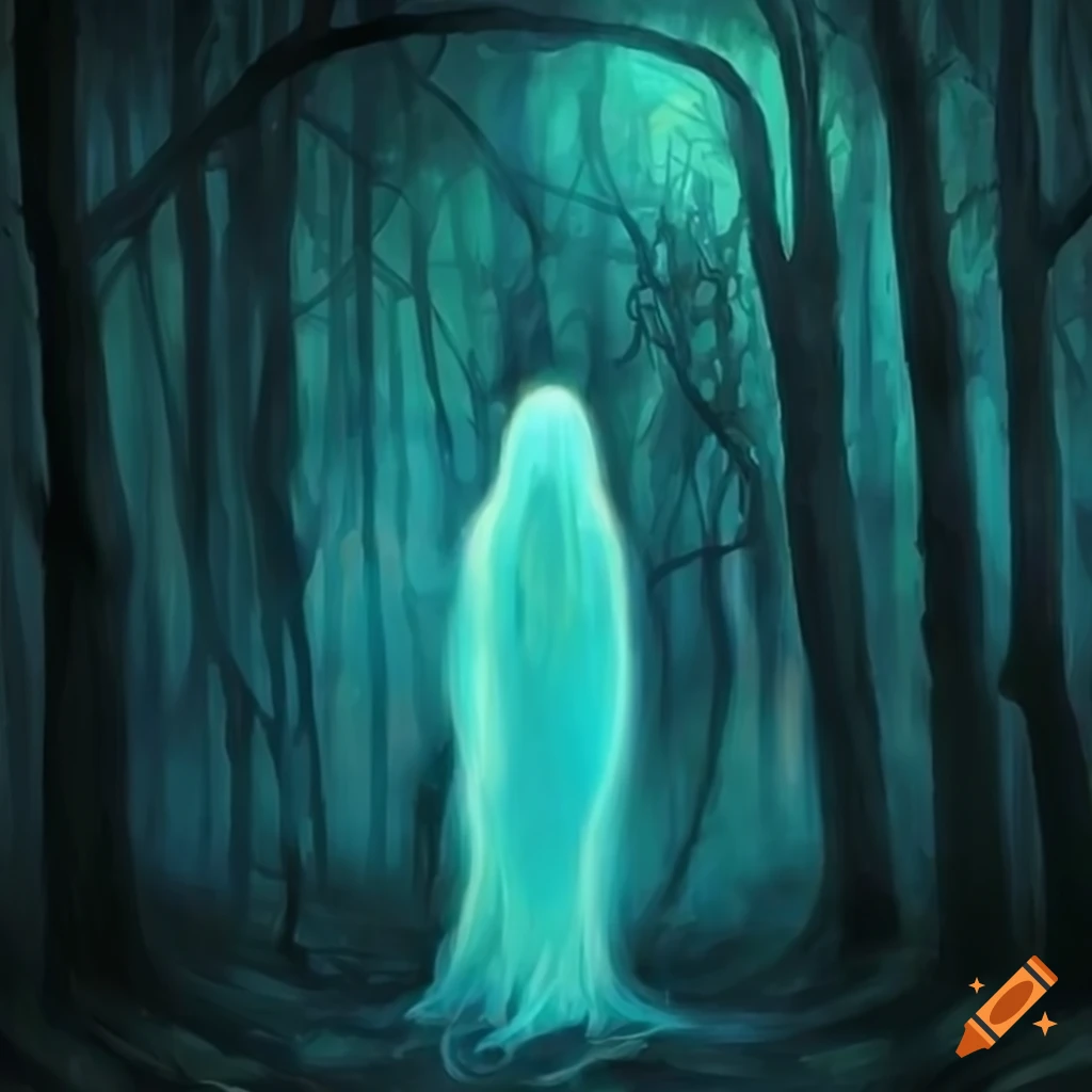 Ethereal glowing ghost in a dark forest painting