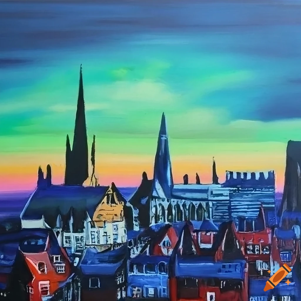 Acrylic painting of norwich skyline on Craiyon