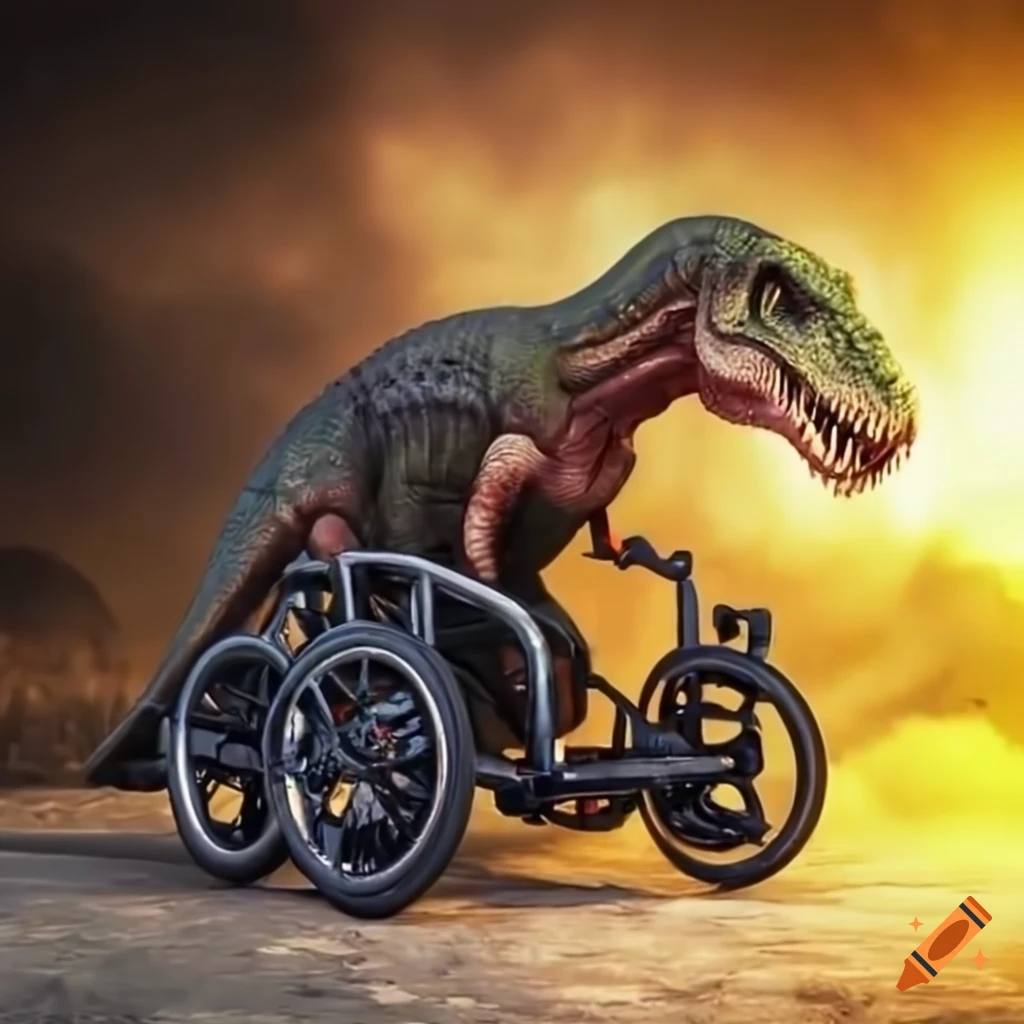 T-rex sitting in a wheelchair with a motorcycle front on Craiyon