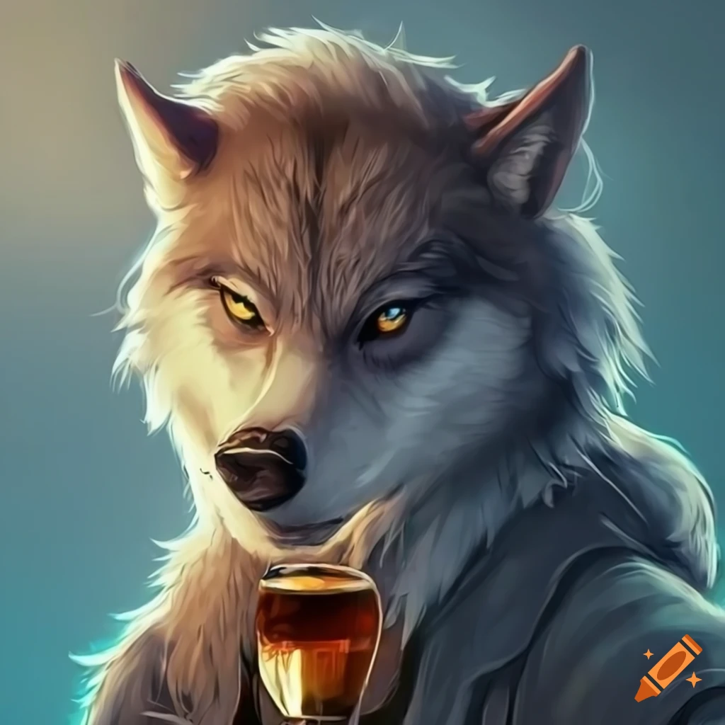 Elegant man-wolf with grey eyes by the fireplace