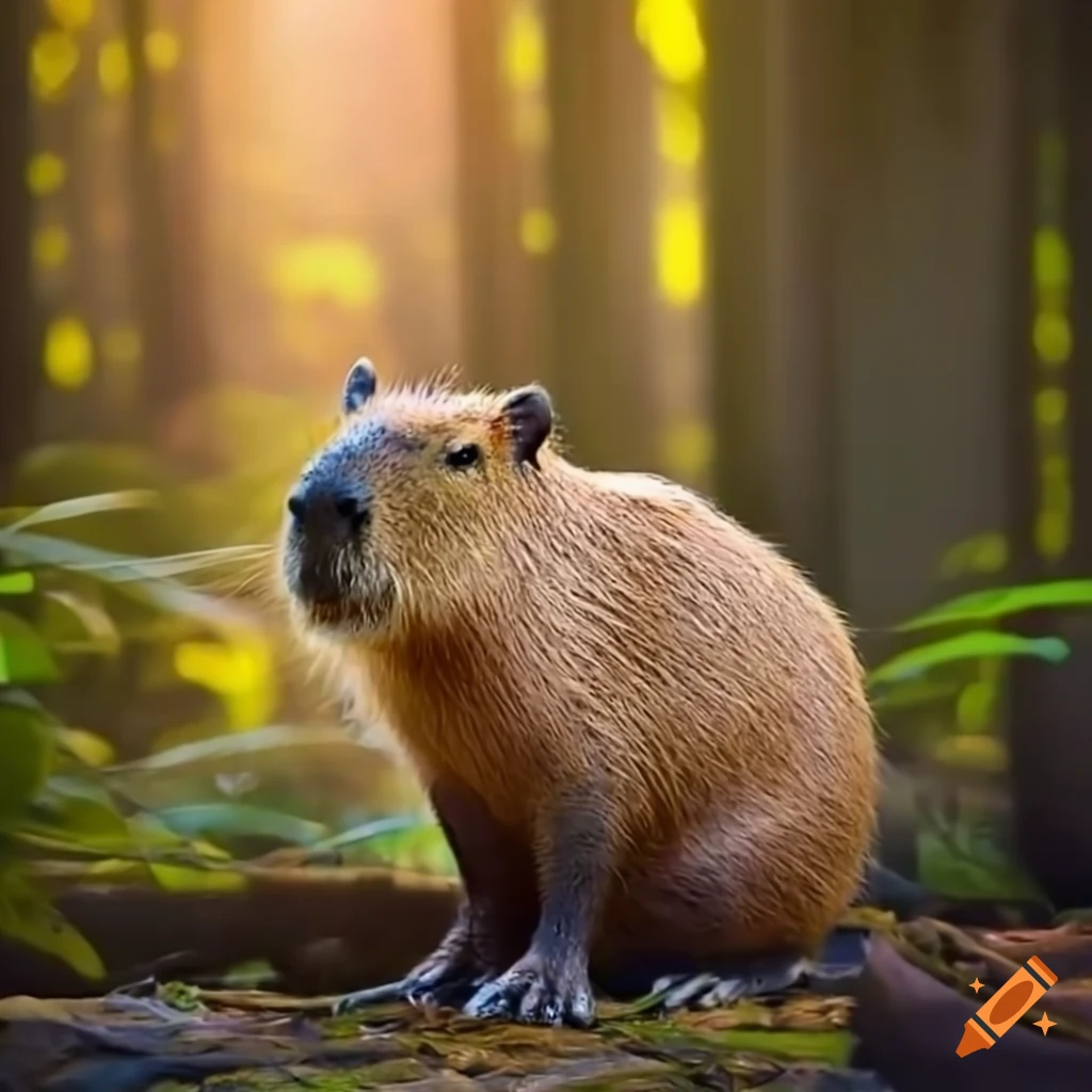 Fluffy cute capybara in a forest with dappled light