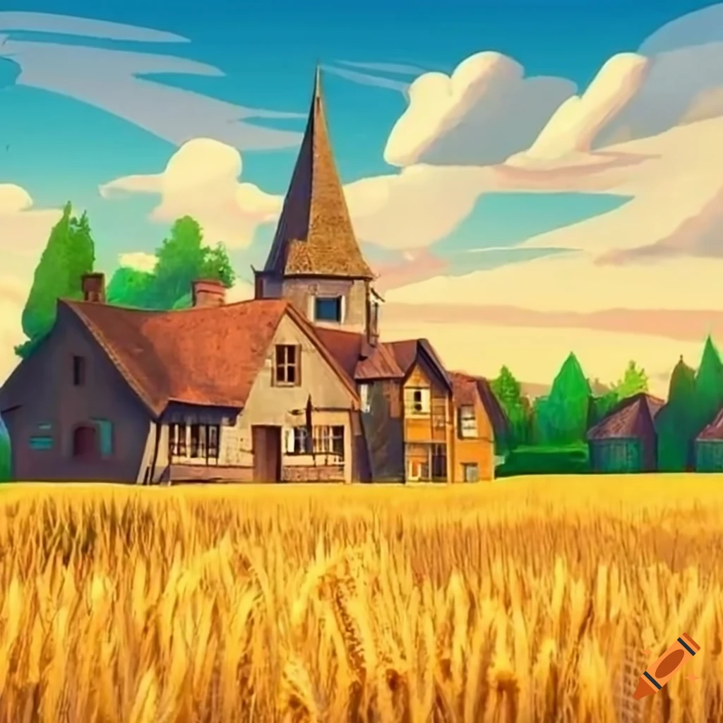Medieval fantasy village with houses and wheat field near green mountain