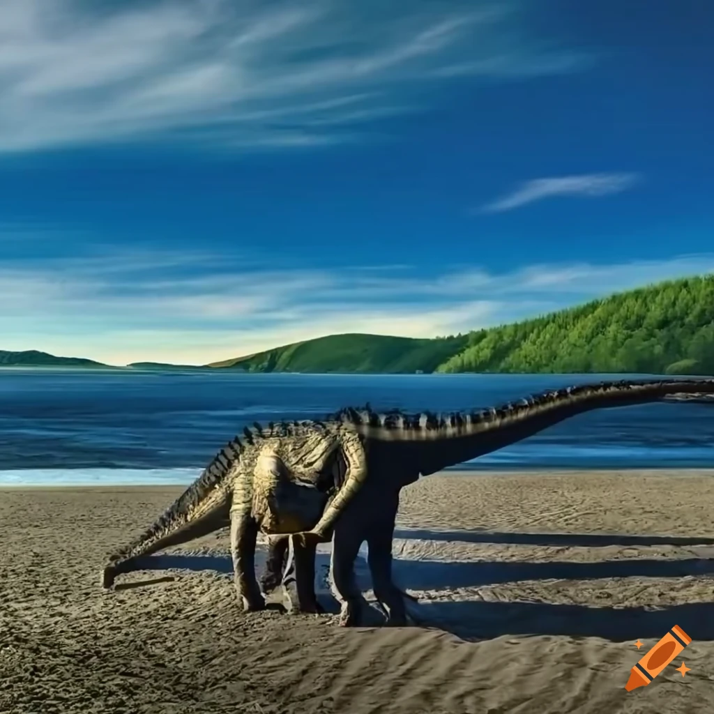 Group of Diplodocus walking along the coast in a morning view