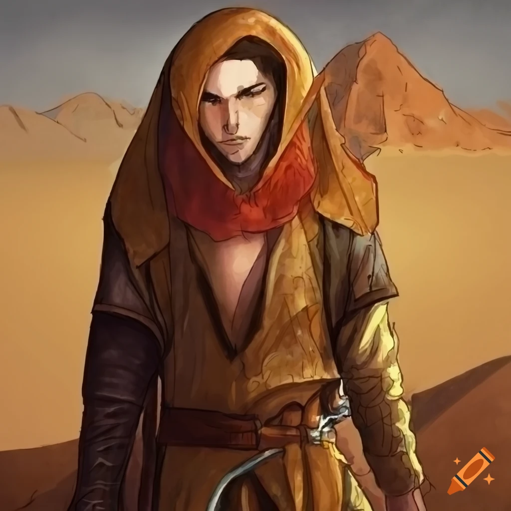 Desert sorcerer with leather coat and green lizard in watercolor