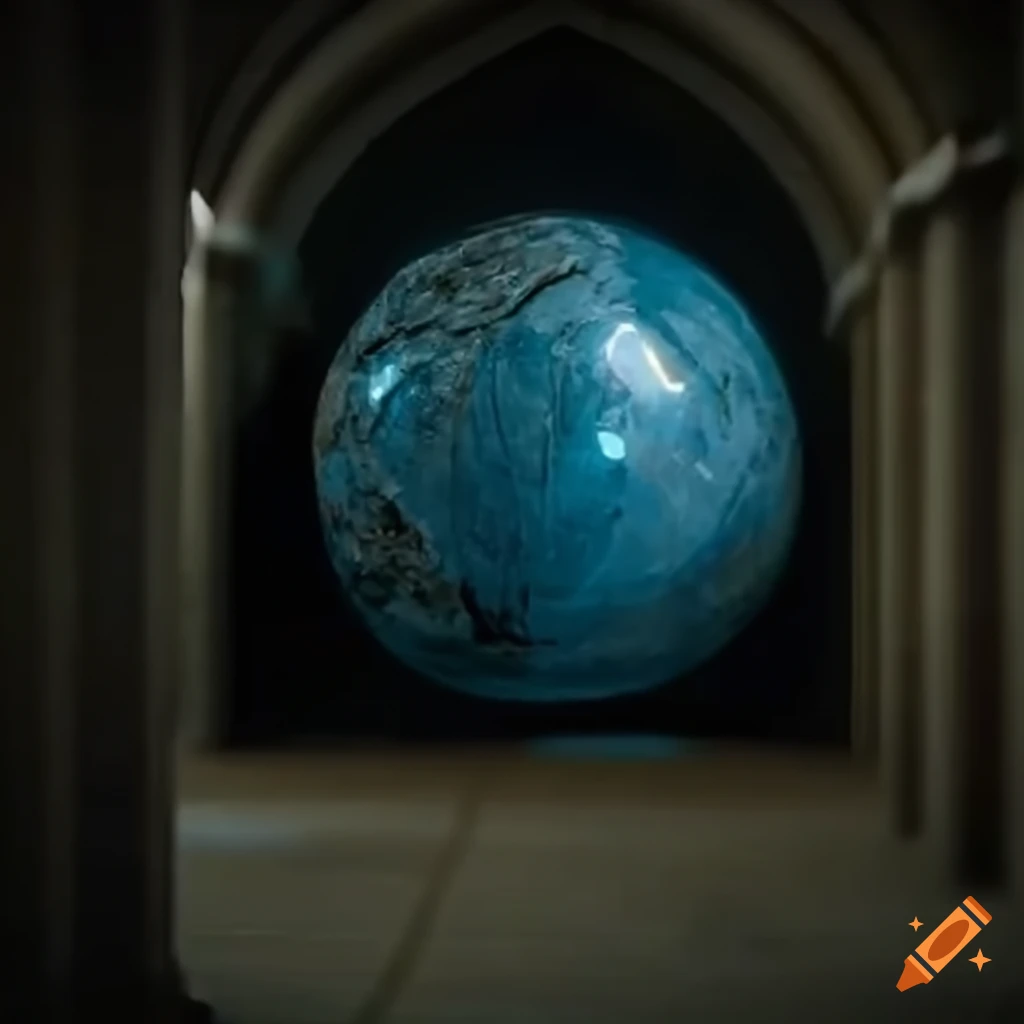 Dark temple corridor with a giant smooth blue topaz boulder ball on Craiyon