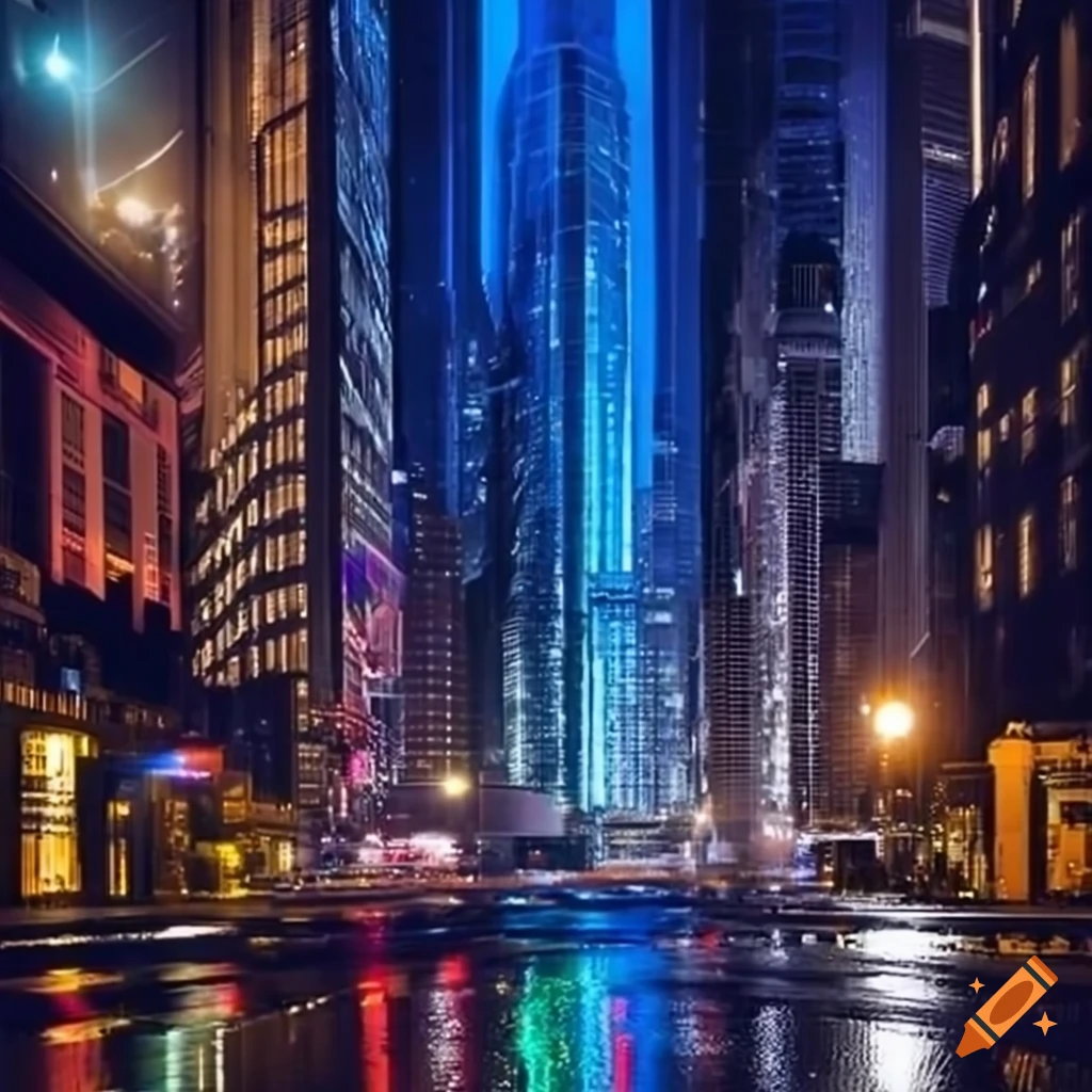 Futuristic metropolis cityscape at night with towering skyscrapers and ...