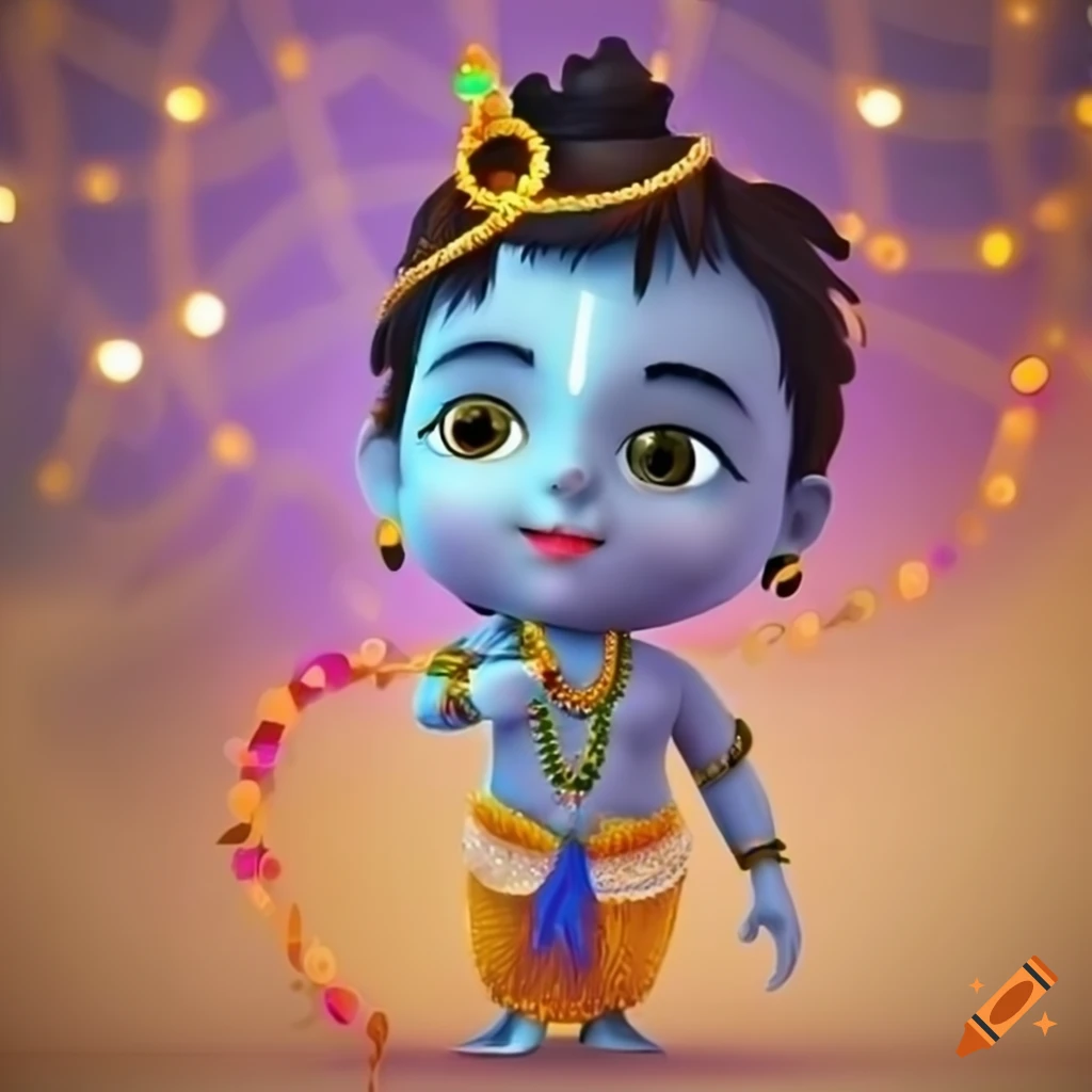 3D avatar of cute boy Krishna with Diwali festival lights in the background