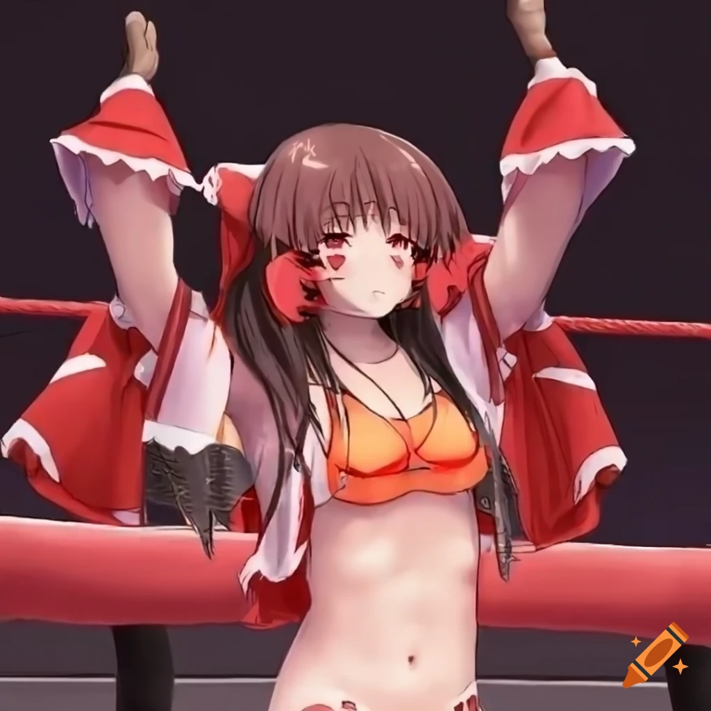 Reimu Hakurei wearing a flyback swimsuit in a wrestling ring