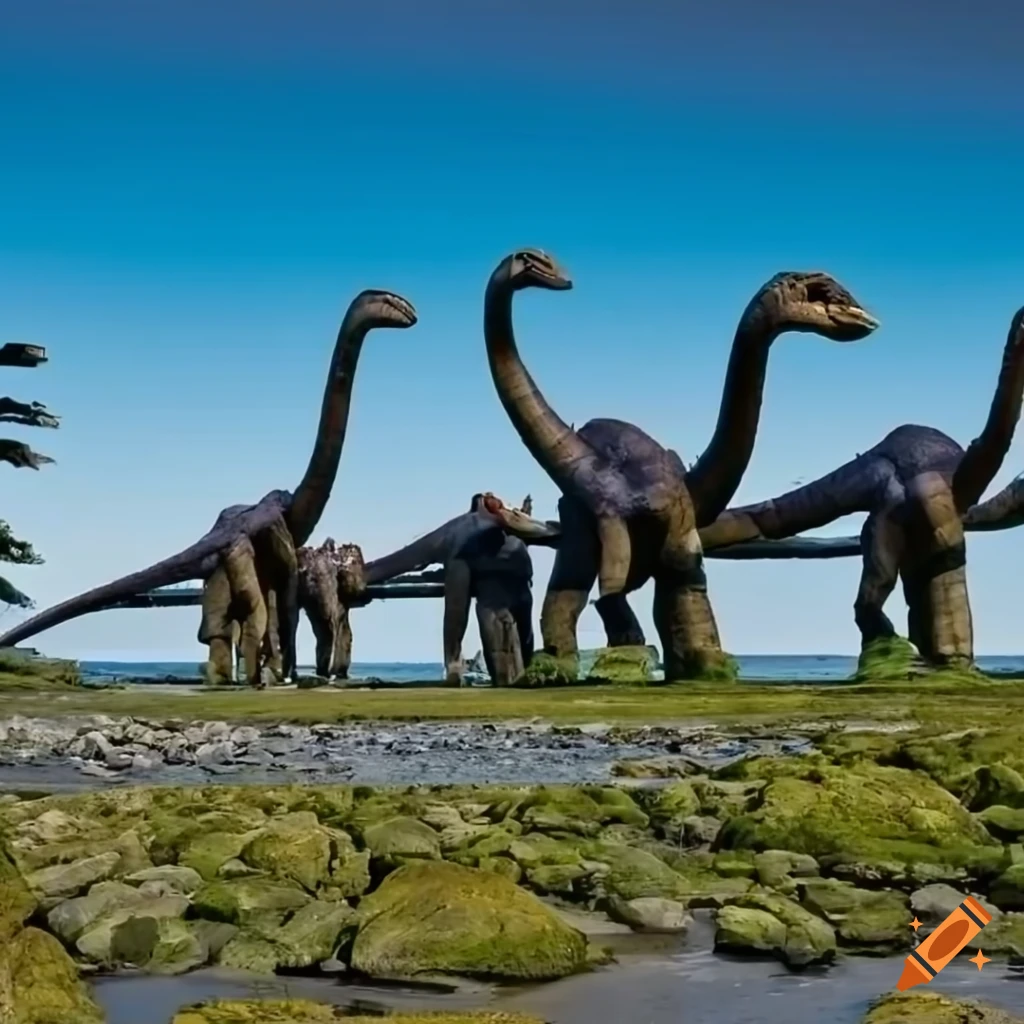 Group of Diplodocus walking along a coast in British Columbia in the morning