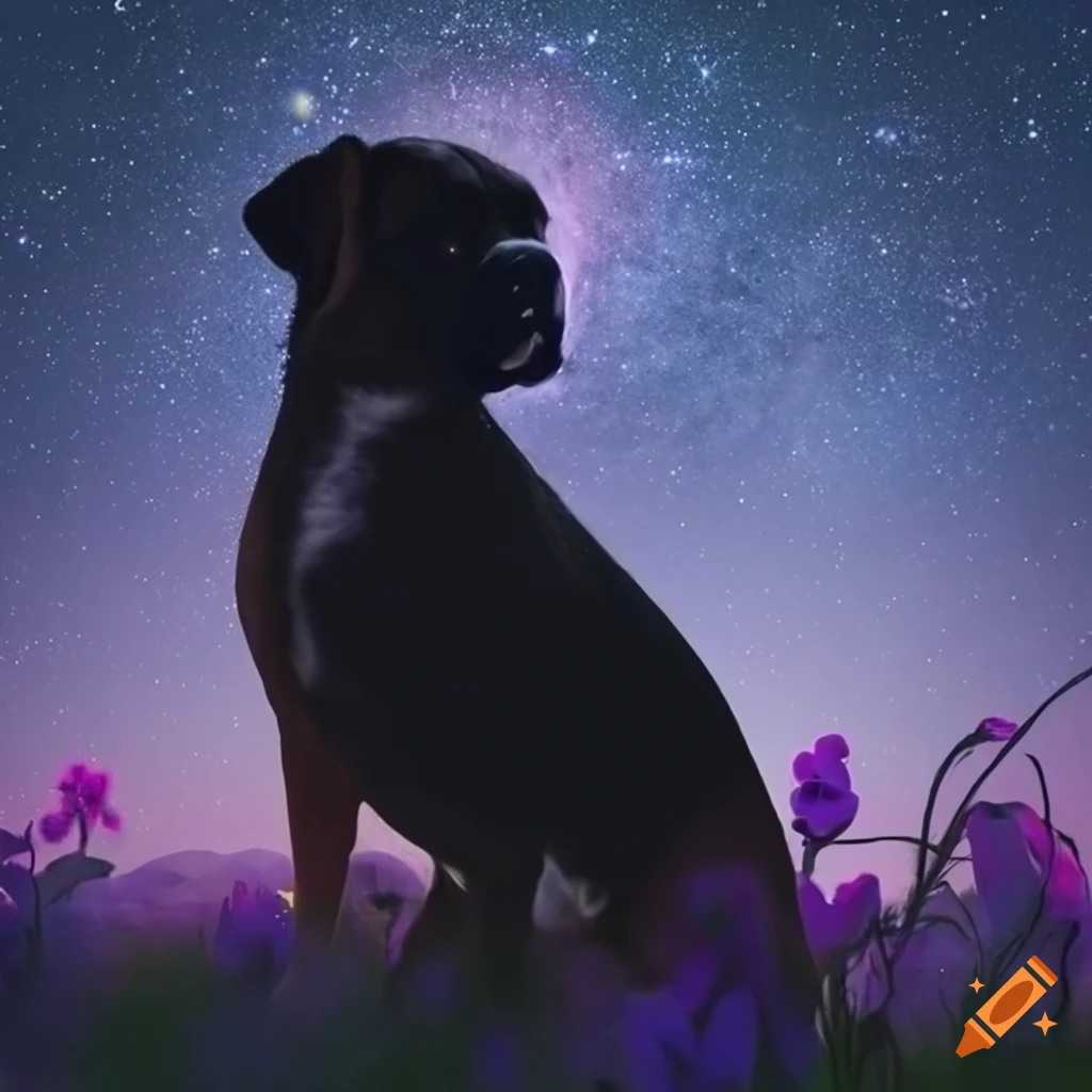 Silhouette of boy hugging a boxer dog under the starry night sky in a field of flowers