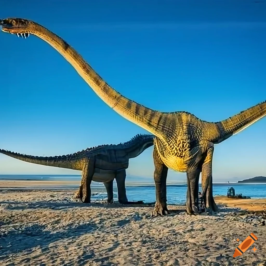 Group of Diplodocus walking along the coast in British Columbia in the morning