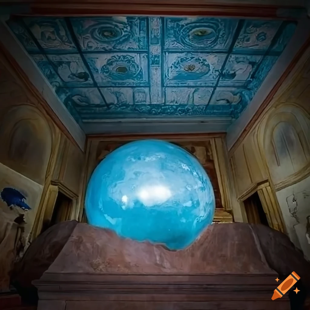 Dark temple corridor with a smooth blue topaz boulder ball in a south  american temple on Craiyon