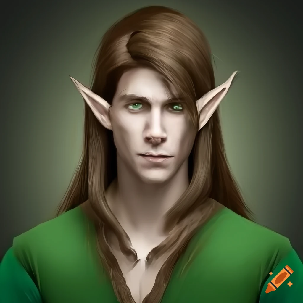 Male elf with long light brown hair and piercing green eyes on Craiyon