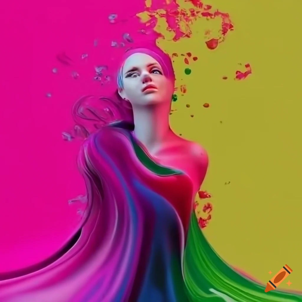 Beautiful woman standing in front of a yellow wall with colorful swirls ...