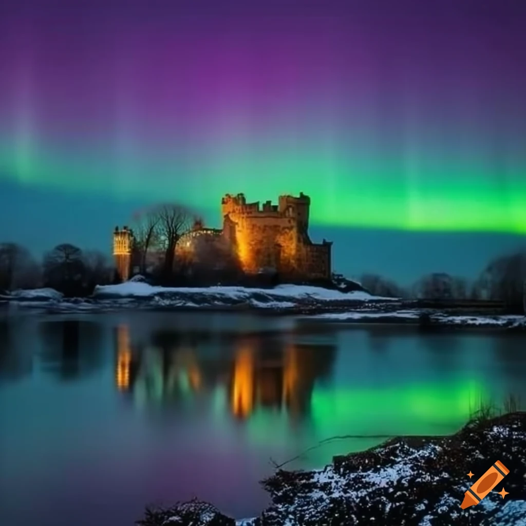 Serene winter landscape with Welsh castle lit by the Northern Lights