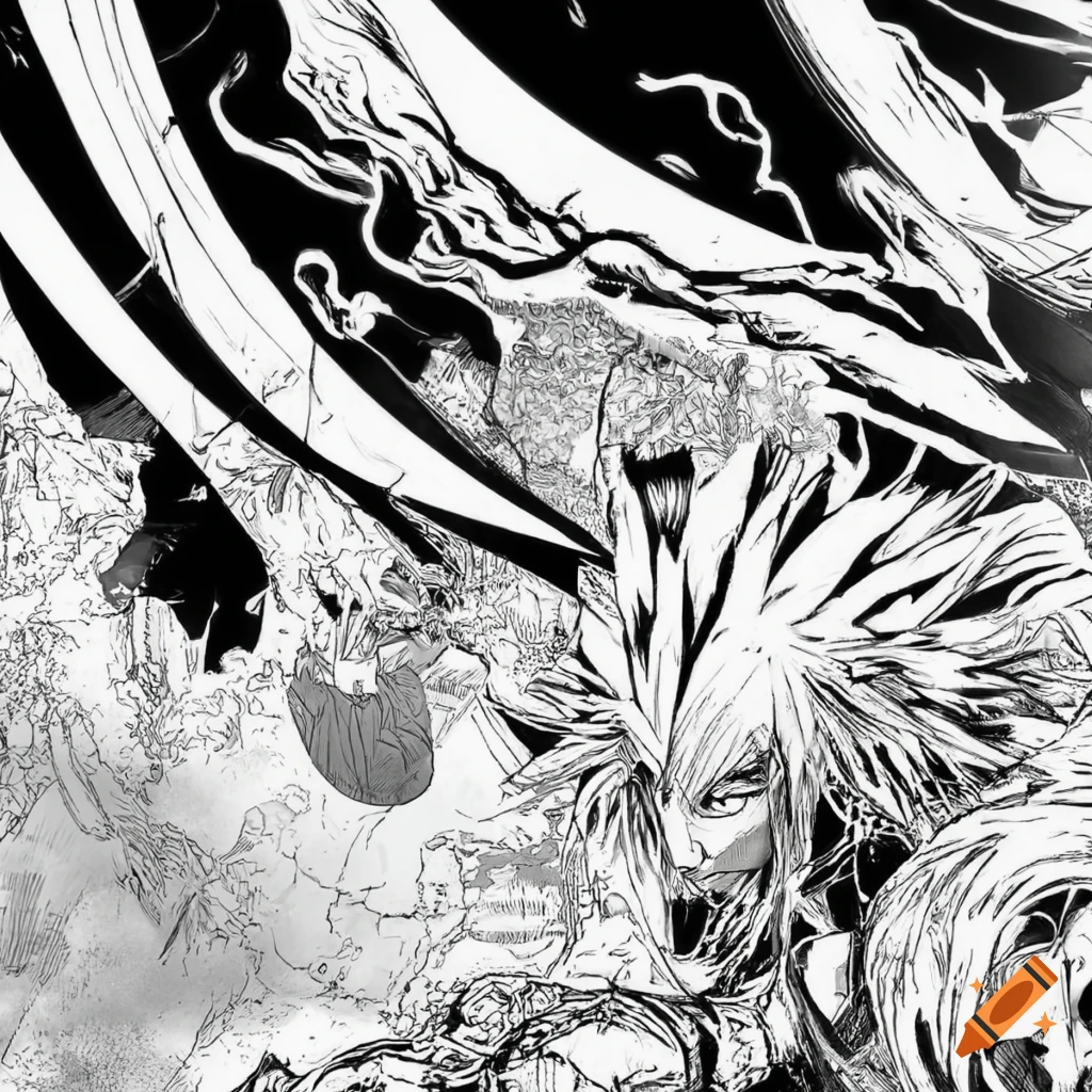Highly detailed black and white manga panel with sharp outline