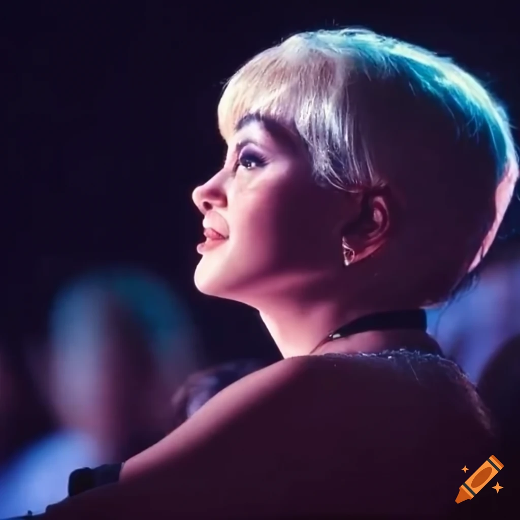 Blonde woman in her 20s attending an opera concert at night in a 1990s movie scene
