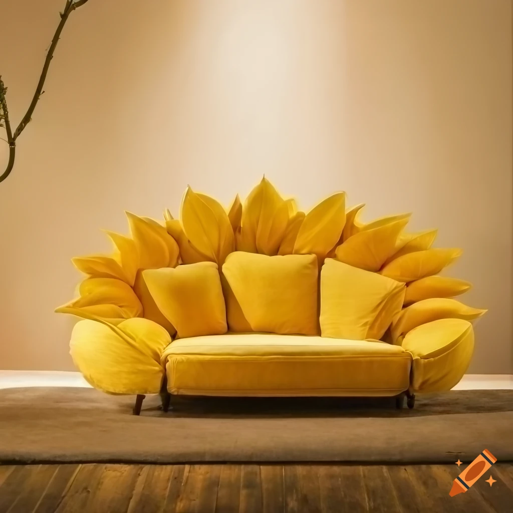 Sunflower-shaped sofa in warm sunset lighting on Craiyon