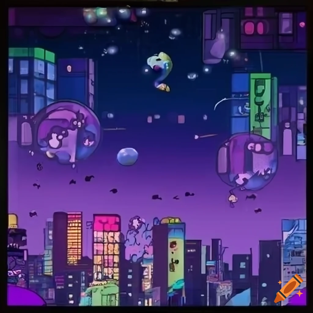 Strange bubbles in a rainbow city with a Y2K aesthetic