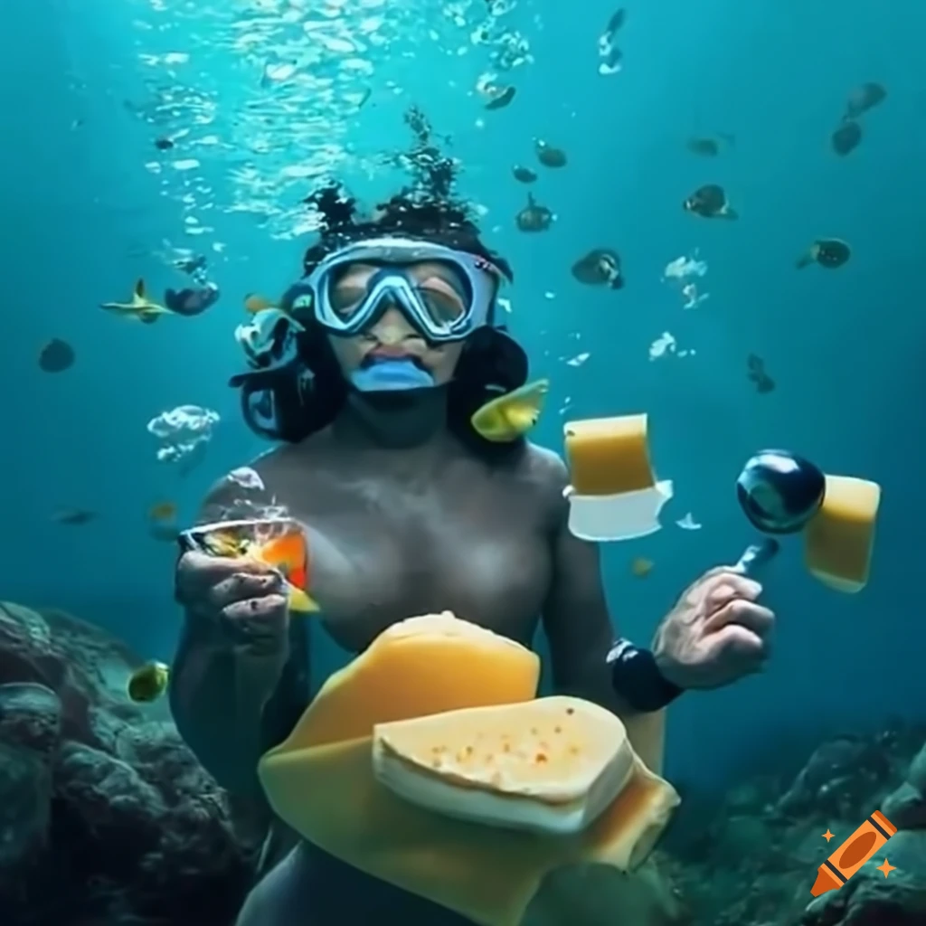 Divers enjoying wine and cheese underwater