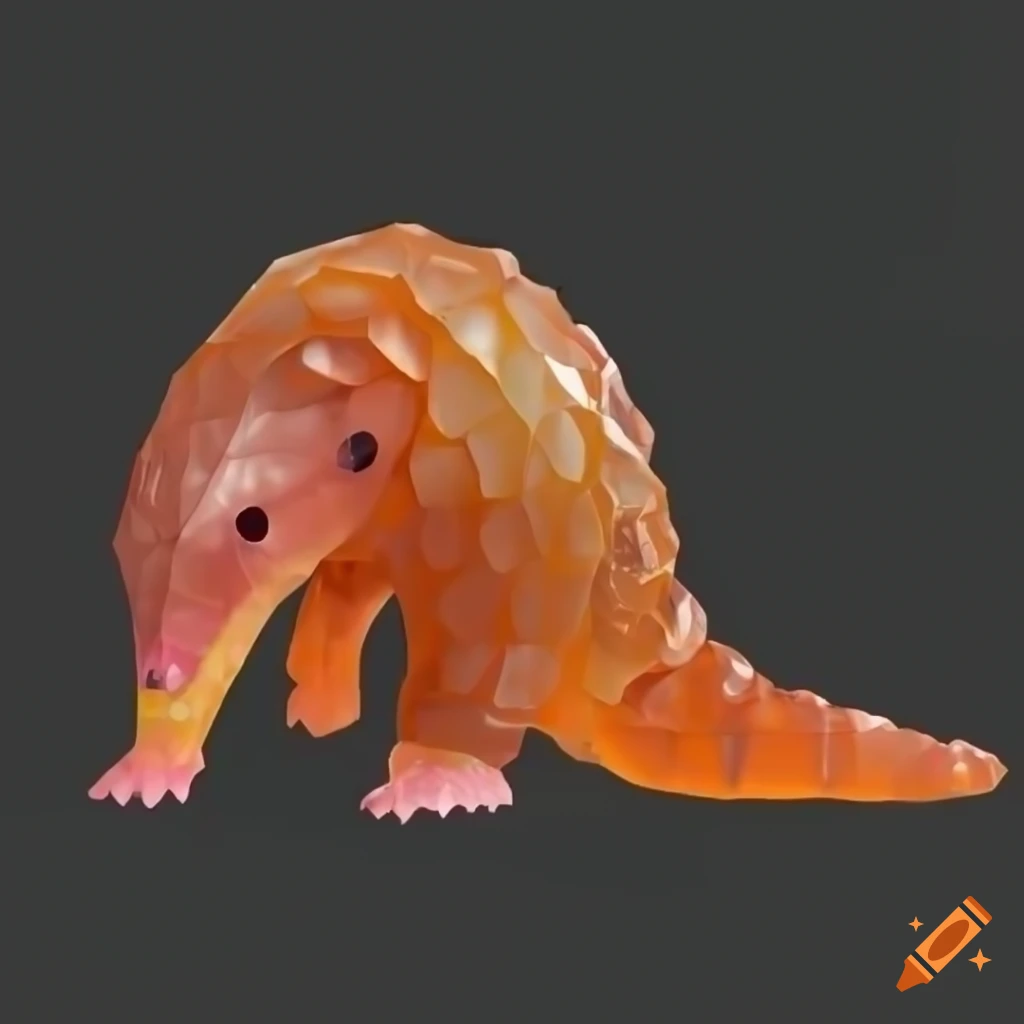 Colorful iridescent orange lowpoly jelly gummy pangolin standing and