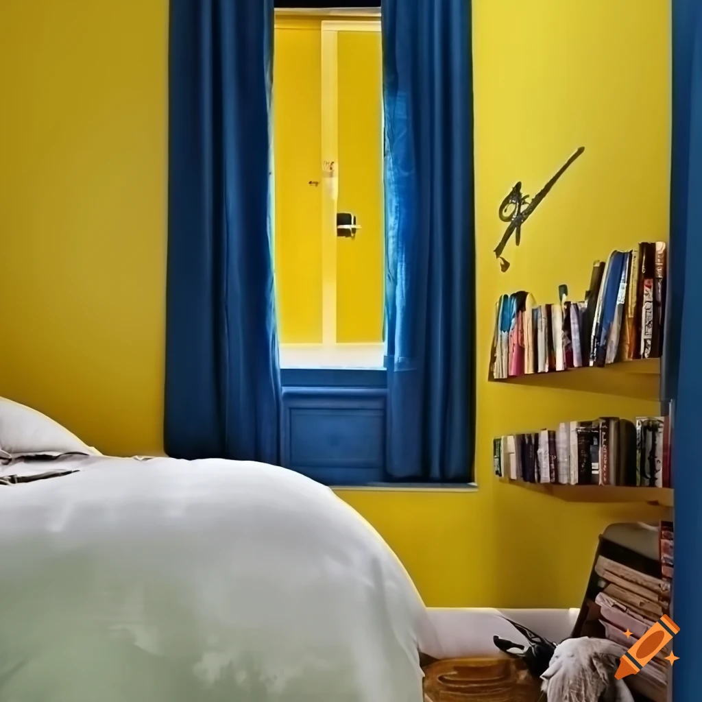 Bedroom With Yellow Walls Blue Curtains Bed Wardrobe Desk And Books On Shelf Craiyon