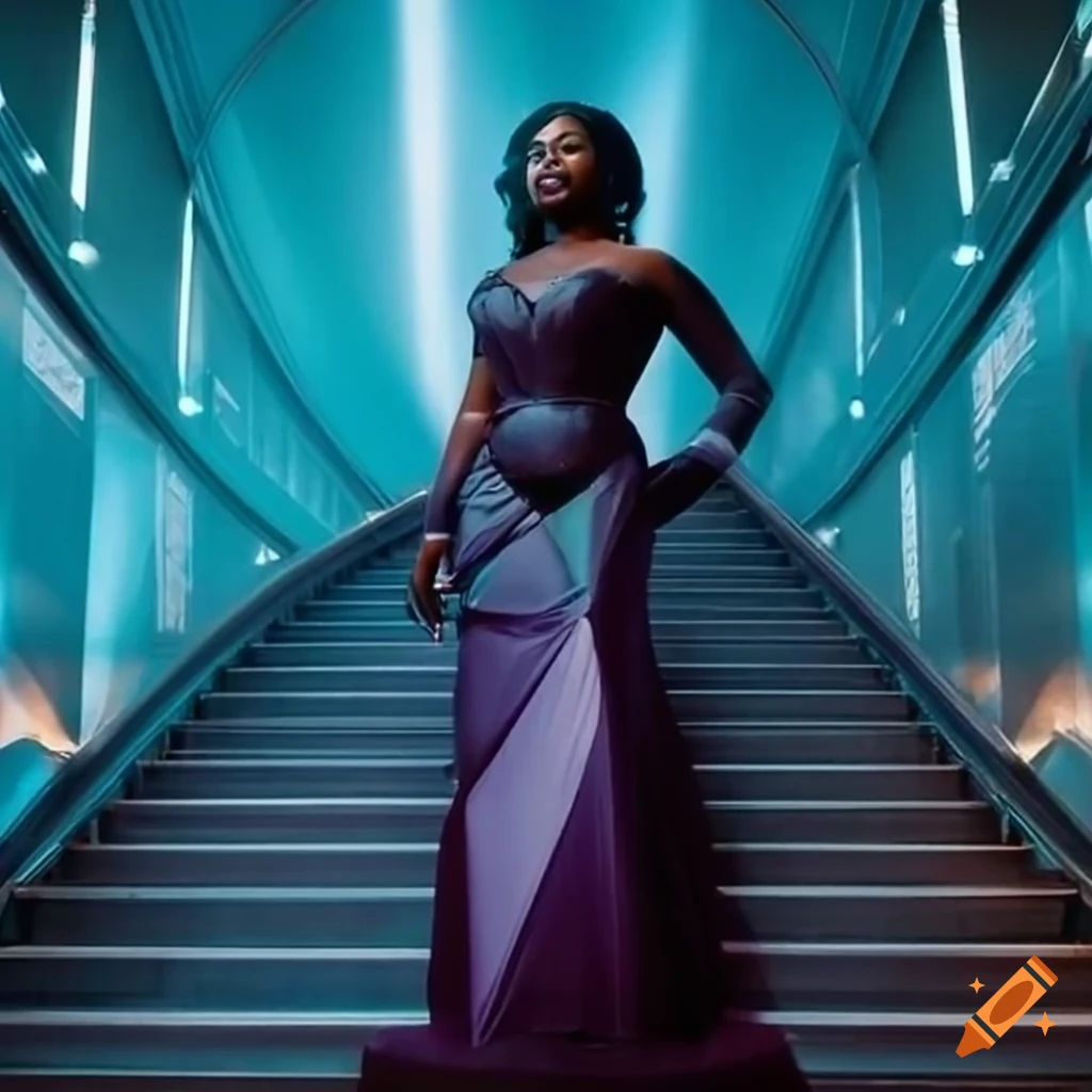 Elegant black woman in futuristic gown descending grand staircase in dark sci-fi scene on Craiyon Elegant black woman in futuristic gown descending grand staircase in dark sci-fi scene on Craiyon
