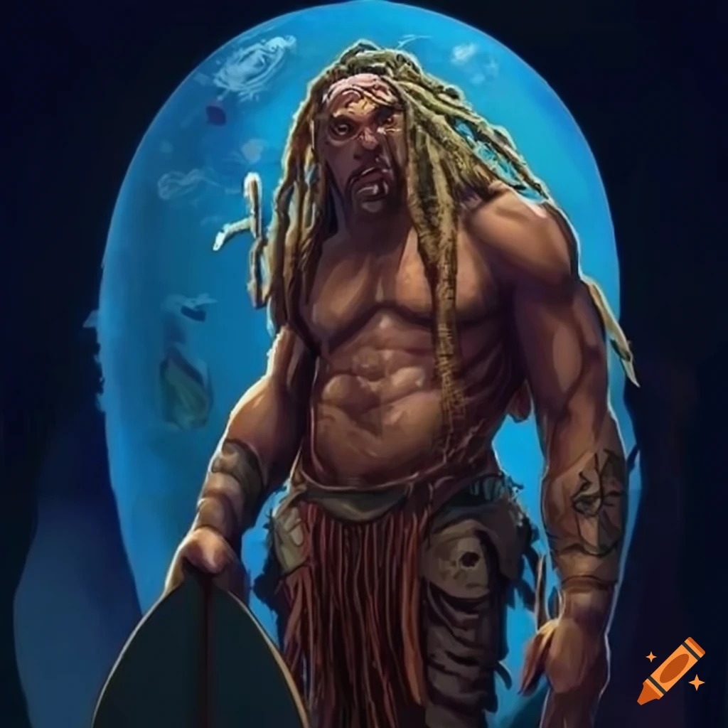 Earth genasi with dreadlocks holding a surf board and climbing rocks