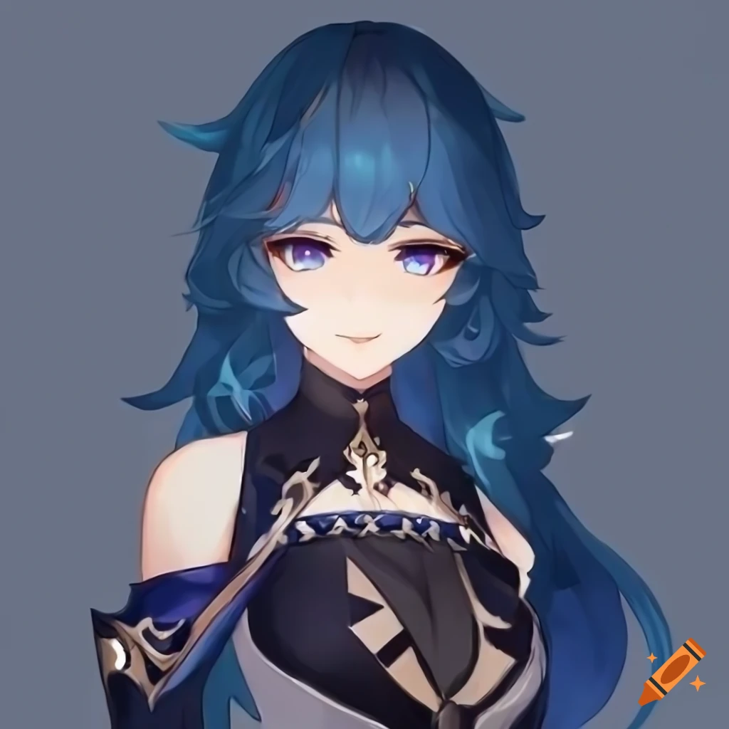 Genshin Impact VTuber with dark blue wolfcut hairstyle and hazel eyes