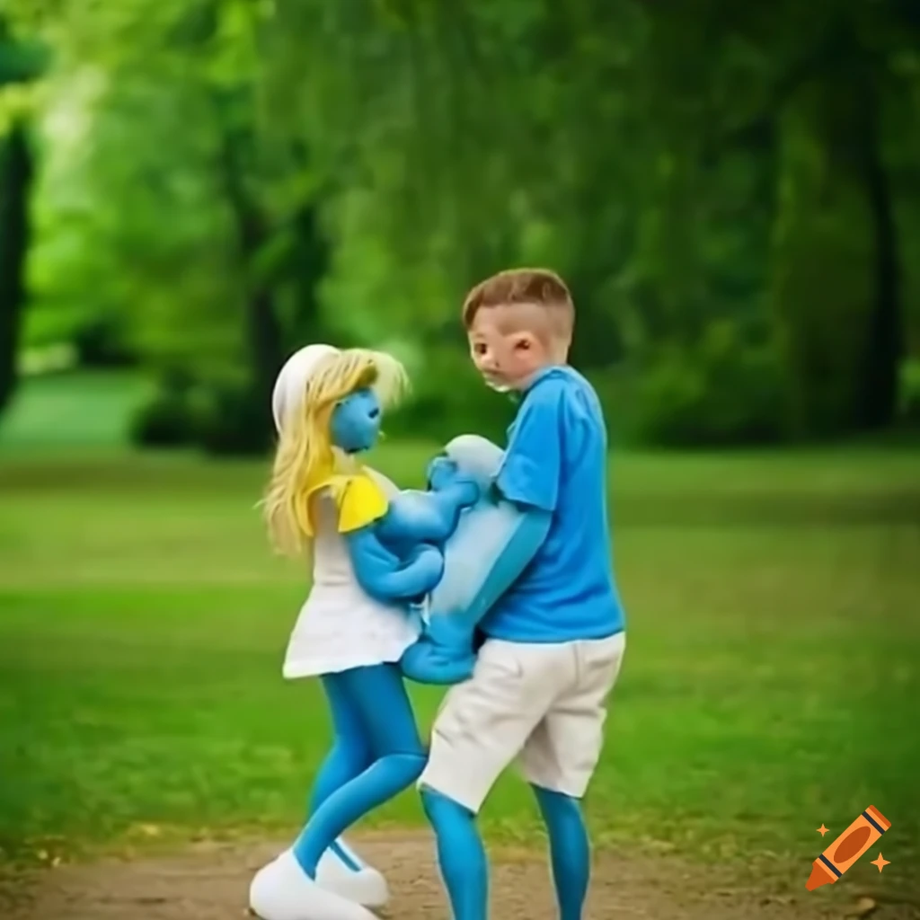 Smurfette carrying a boy in a green park