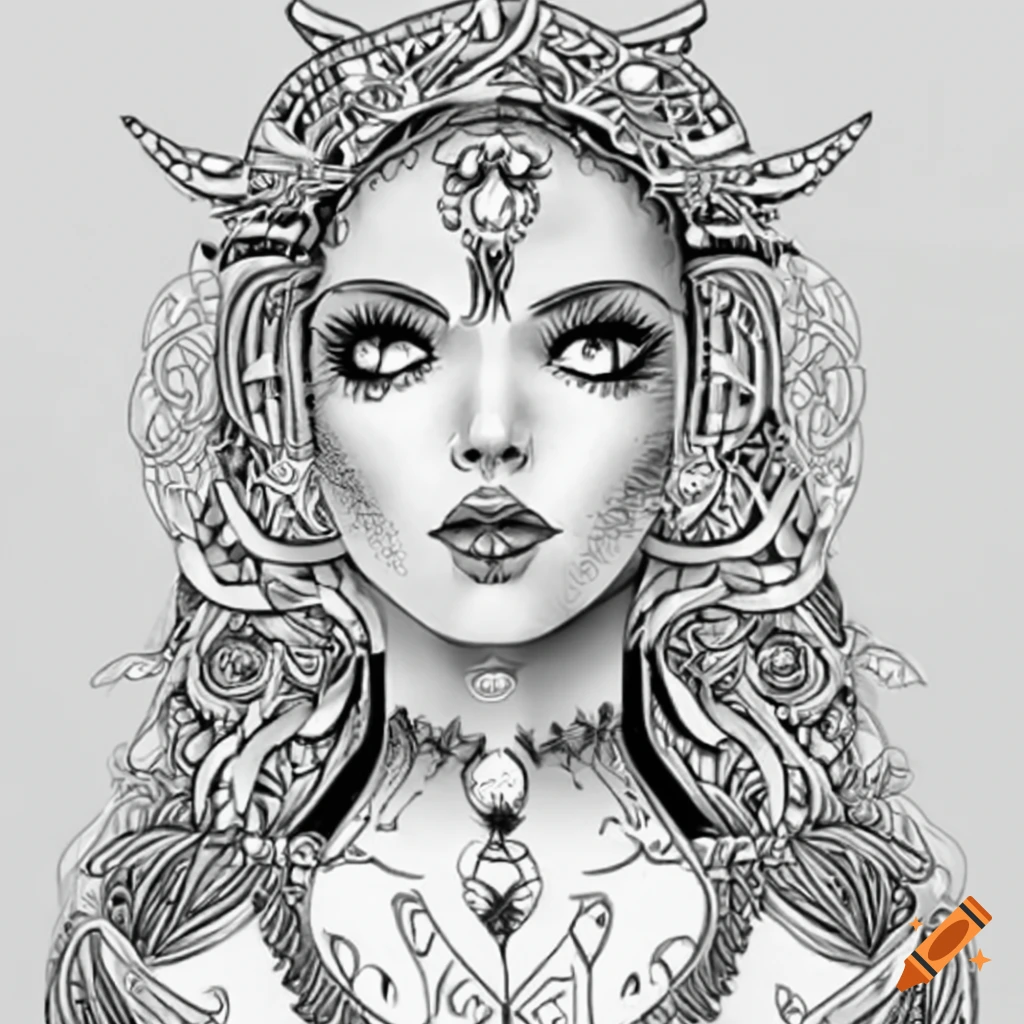 Intricate coloring book Viking woman with sacred runes in black and white