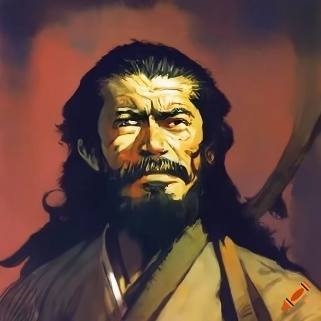 Toshiro Mifune in sorcerer attire by Frank Frazetta in D&D setting