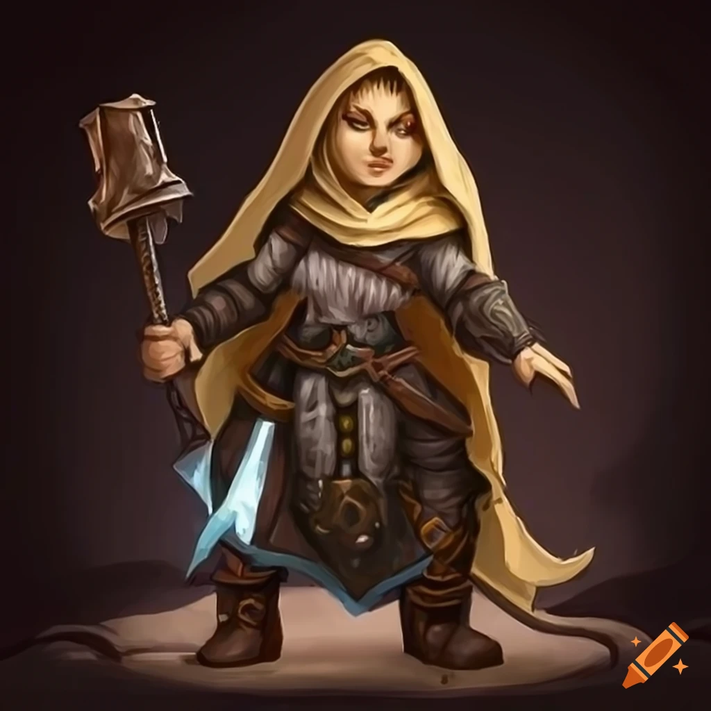 Female dwarf cleric with black tattoo eyes and cloak on Craiyon