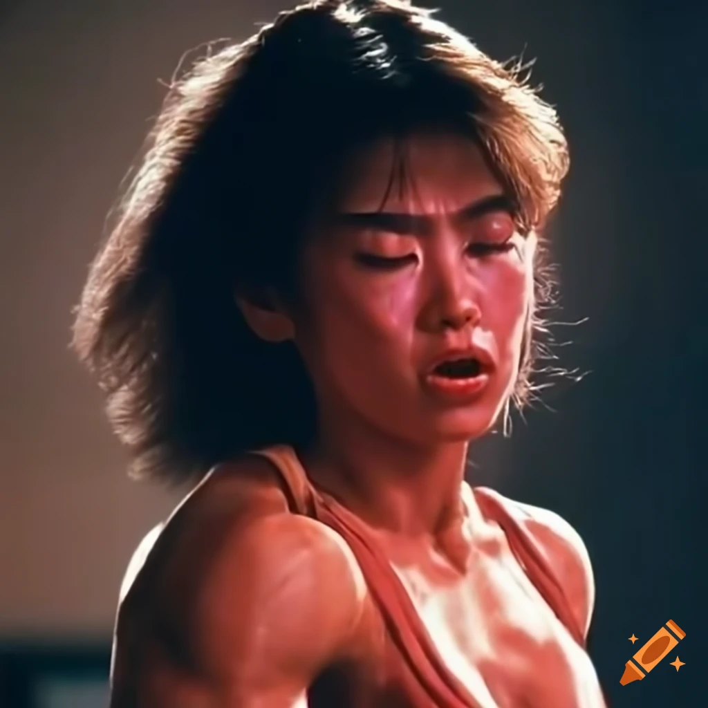 Asian Woman Fighter With A Dizzy Expression In An 80s Movie Scene On Craiyon