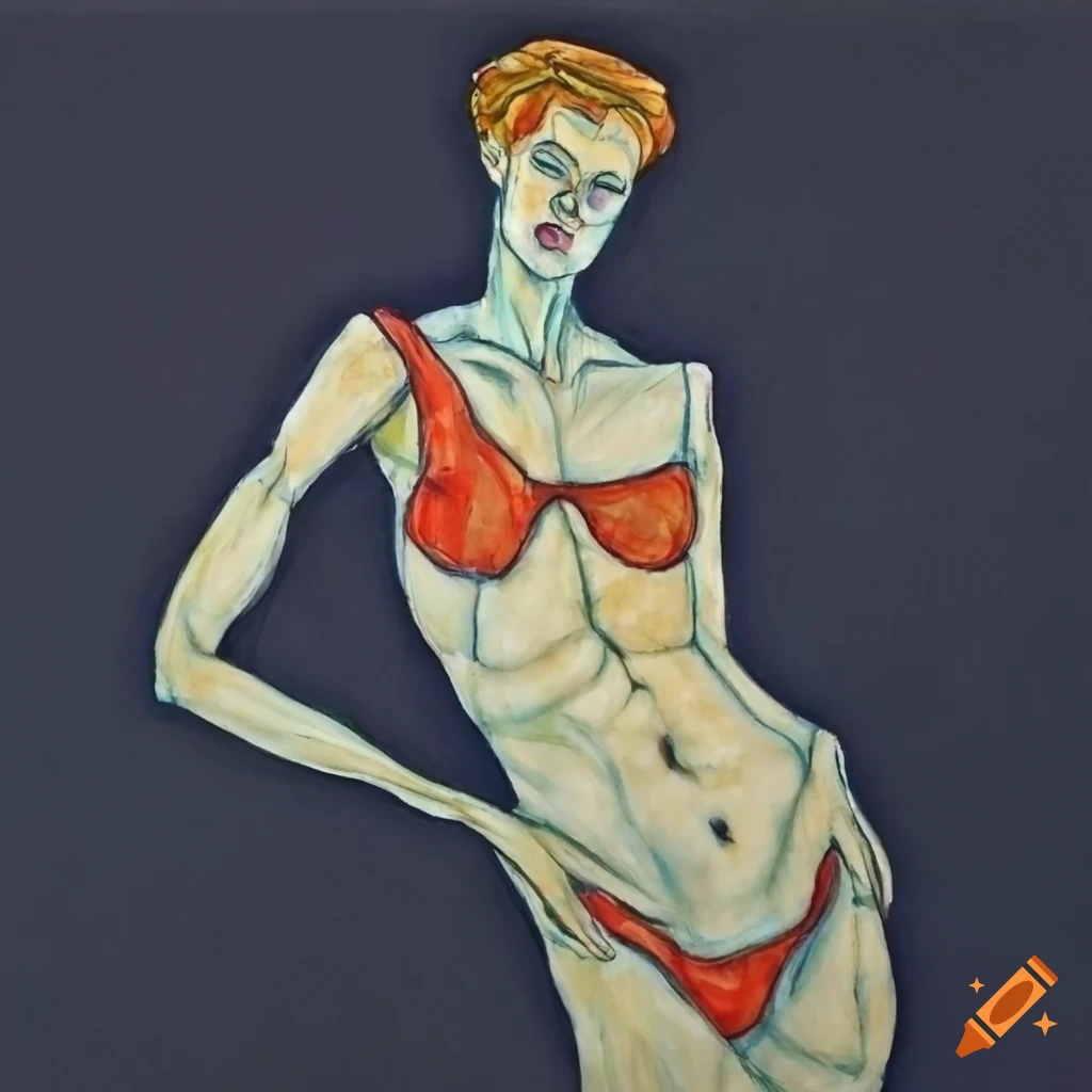 Elegant and alluring female figure torso drawing inspired by Egon Schiele