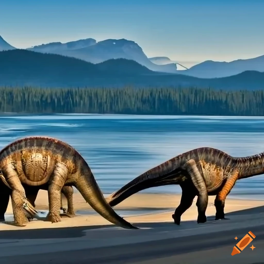 Group of Diplodocus walking along the coast in British Columbia in the morning