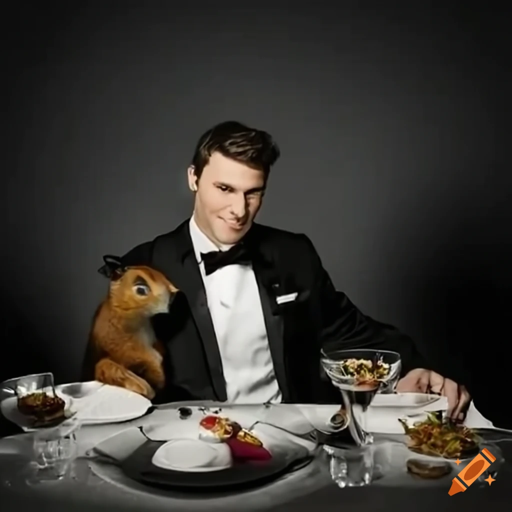 Mark rober dining with elegantly dressed squirrels on Craiyon